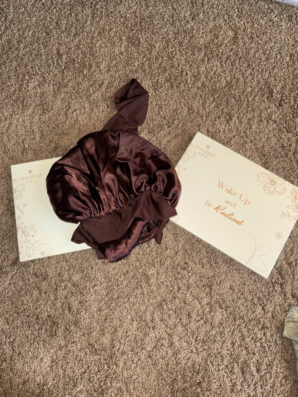 Satin Sleep Bonnet in Deep Brown x2-1 opened-1 sealed. Brown bonnet beautiful